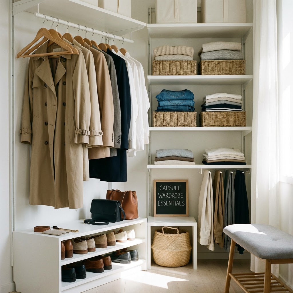 An organized white closet featuring neutral-toned clothing, shoes, and a capsule wardrobe sign.